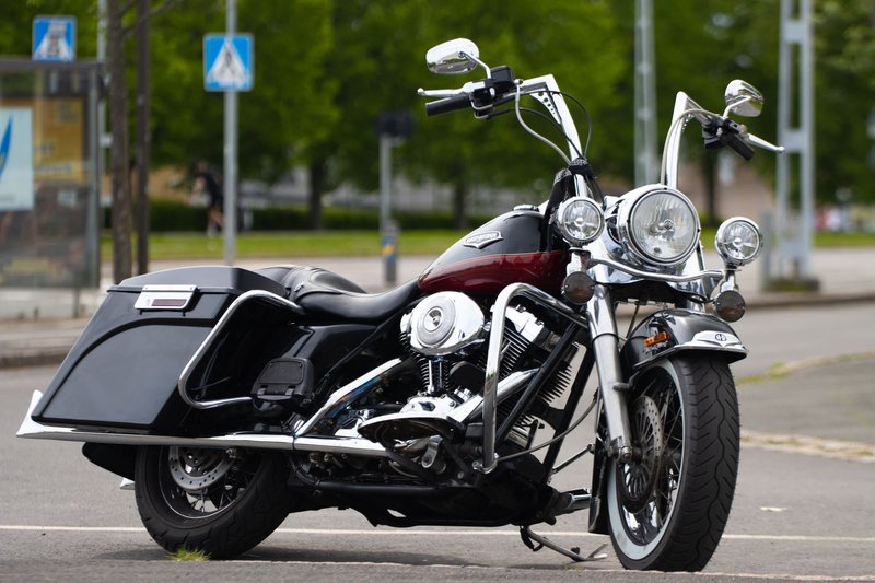 A classic black and chrome motorcycle parked outdoors in Jönköping, Sweden.