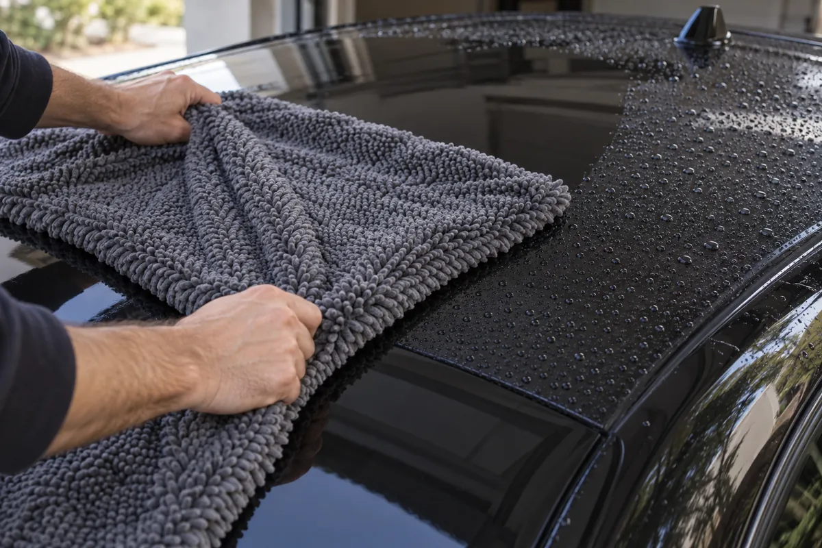 Hands drying the wet roof of a black car with a large grey microfiber towel