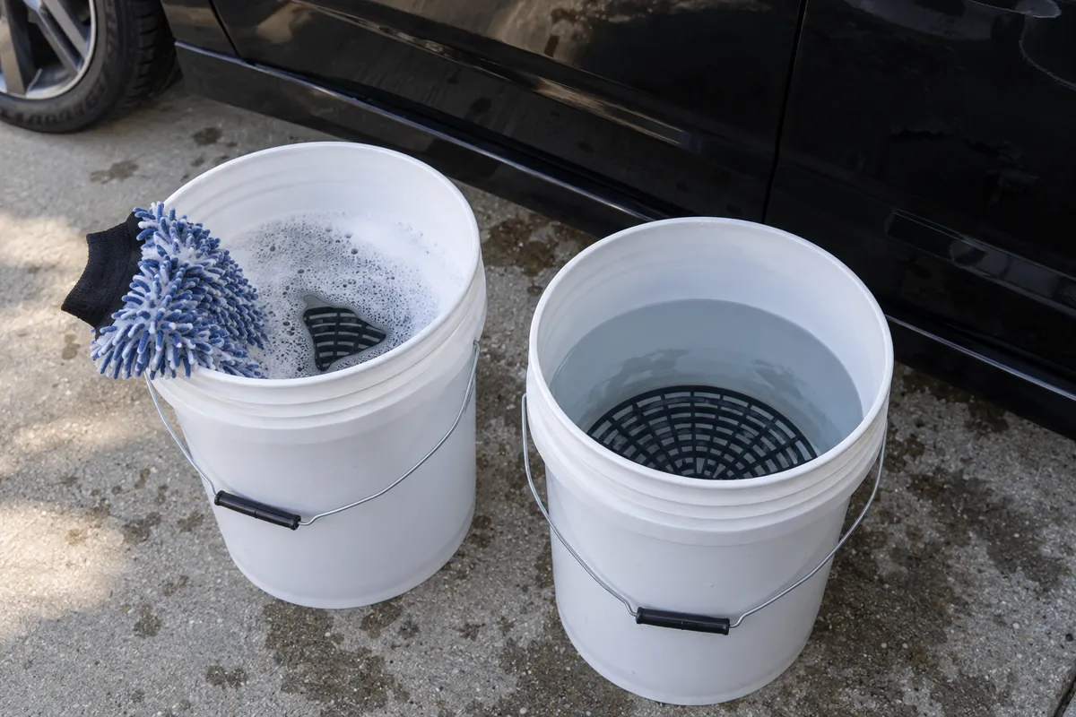 Two wash buckets with grit guards next to a black car, one with soapy water and a wash mitt