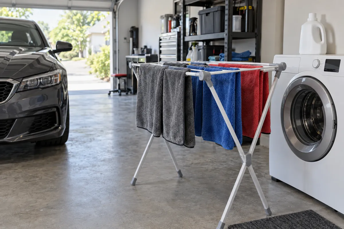 Microfiber car drying towels hanging on a drying rack next to a washing machine in a garage