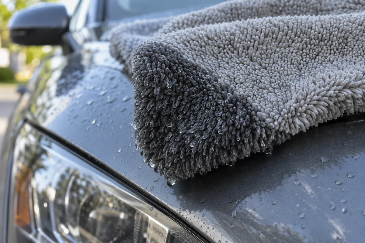 Close-up of a gray twisted loop microfiber drying towel resting on wet car paint