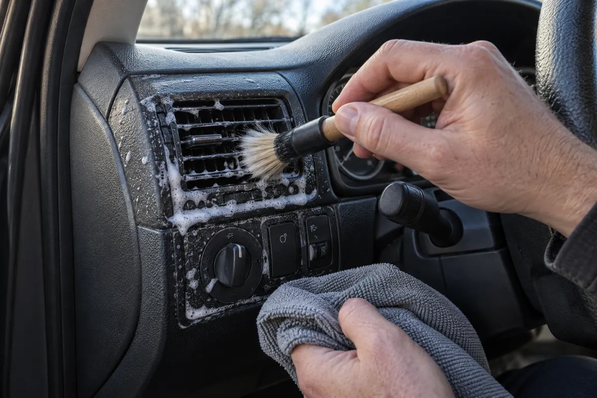 Soft detailing brush working interior cleaner around a car air vent and dashboard buttons