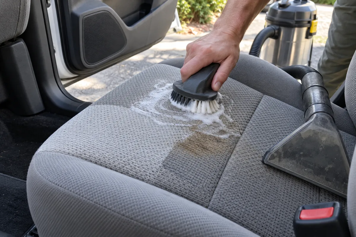 Upholstery brush scrubbing cleaning foam into a stain on a gray cloth car seat with a wet vacuum nozzle nearby
