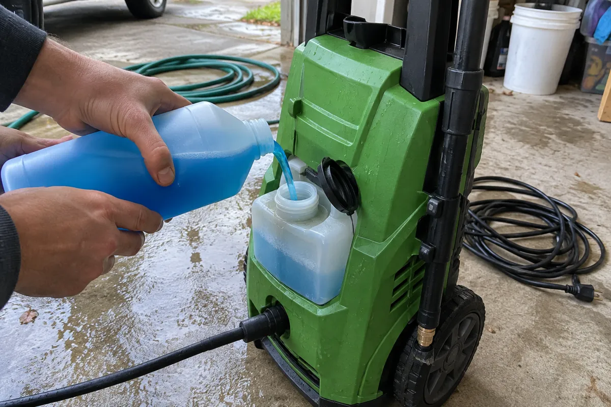 Hands pouring blue car wash soap into the detergent tank of an electric pressure washer