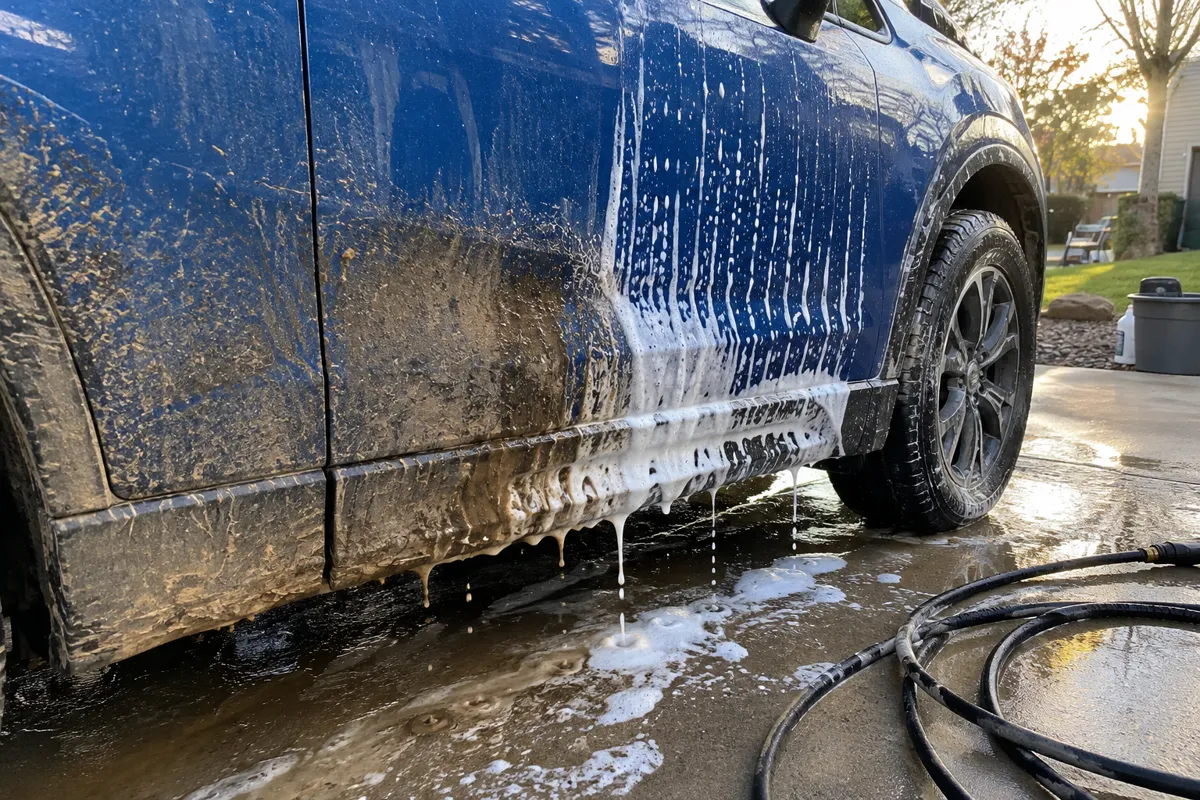Soap running down the muddy door and rocker panel of a blue SUV before rinsing