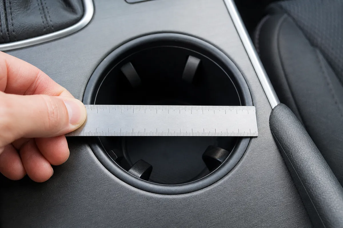 A steel ruler laid across the opening of a car cup holder