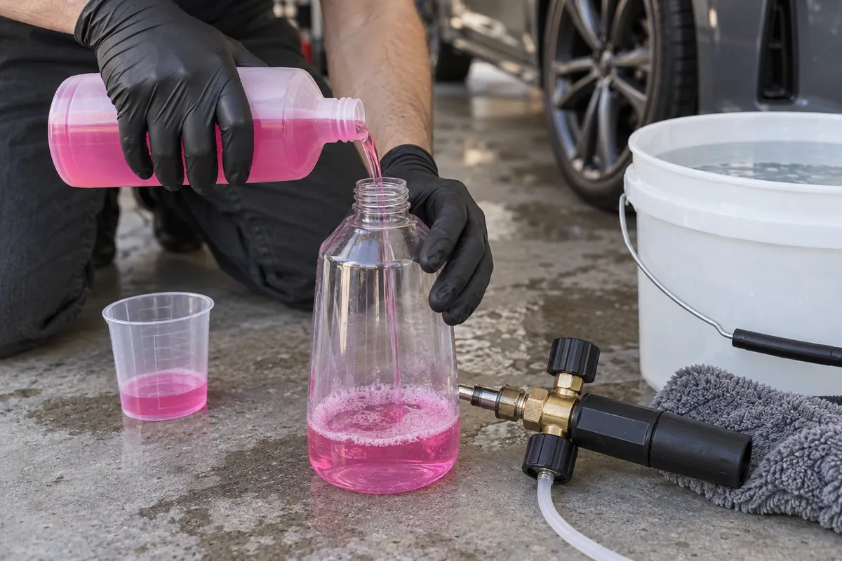 Gloved hands pouring pink car wash soap into a foam cannon bottle next to a measuring cup