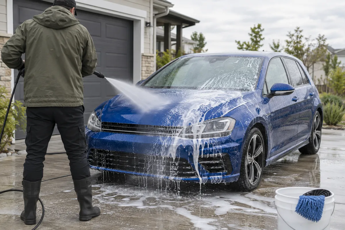 Person rinsing foam off a blue hatchback with a pressure washer, wash bucket with grit guard nearby