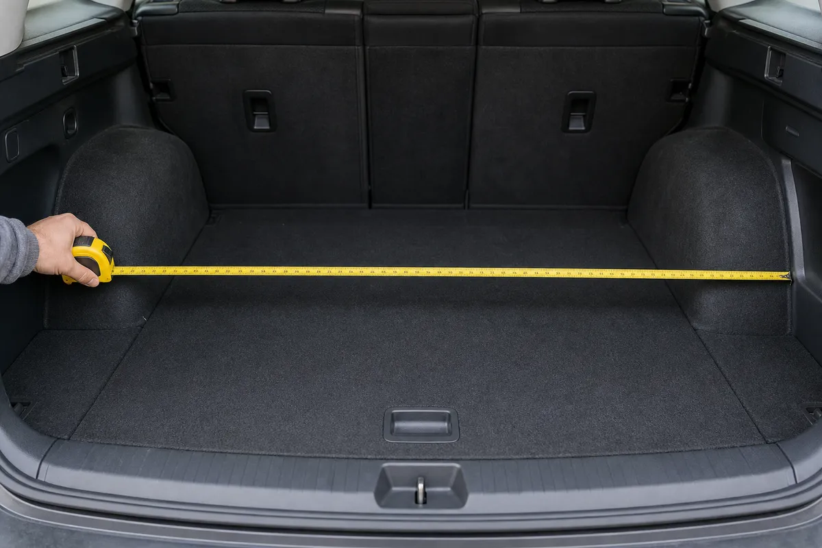 A car trunk with the floor measured between the wheel wells